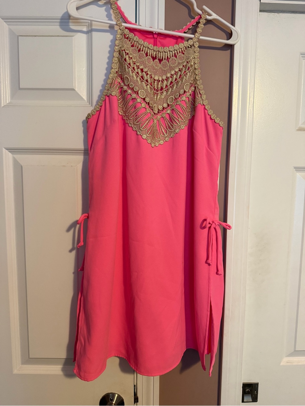 Lilly Pulitzer Pink Halter Dress (Romper) with Gold Crochet Yoke